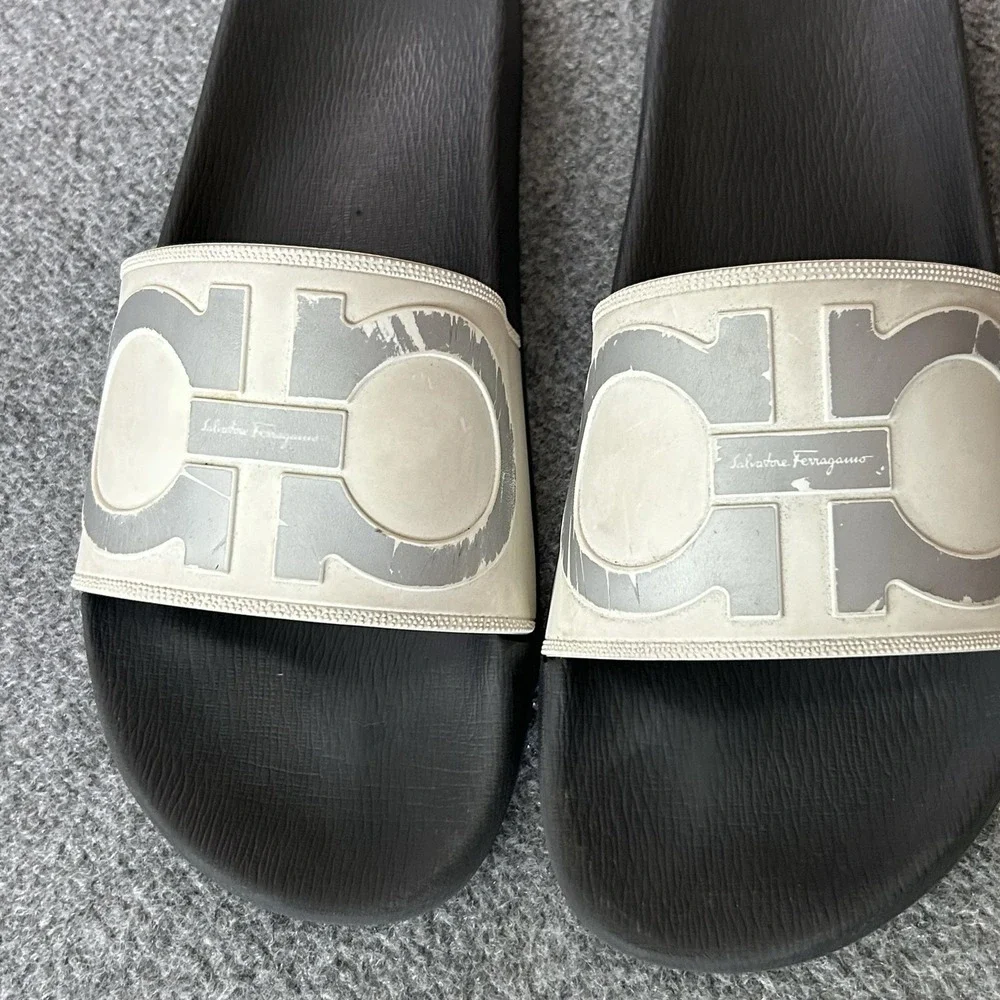 Salvatore Ferragamo Slide Sandals Mens 11 Black White Logo Rubber Gancini
